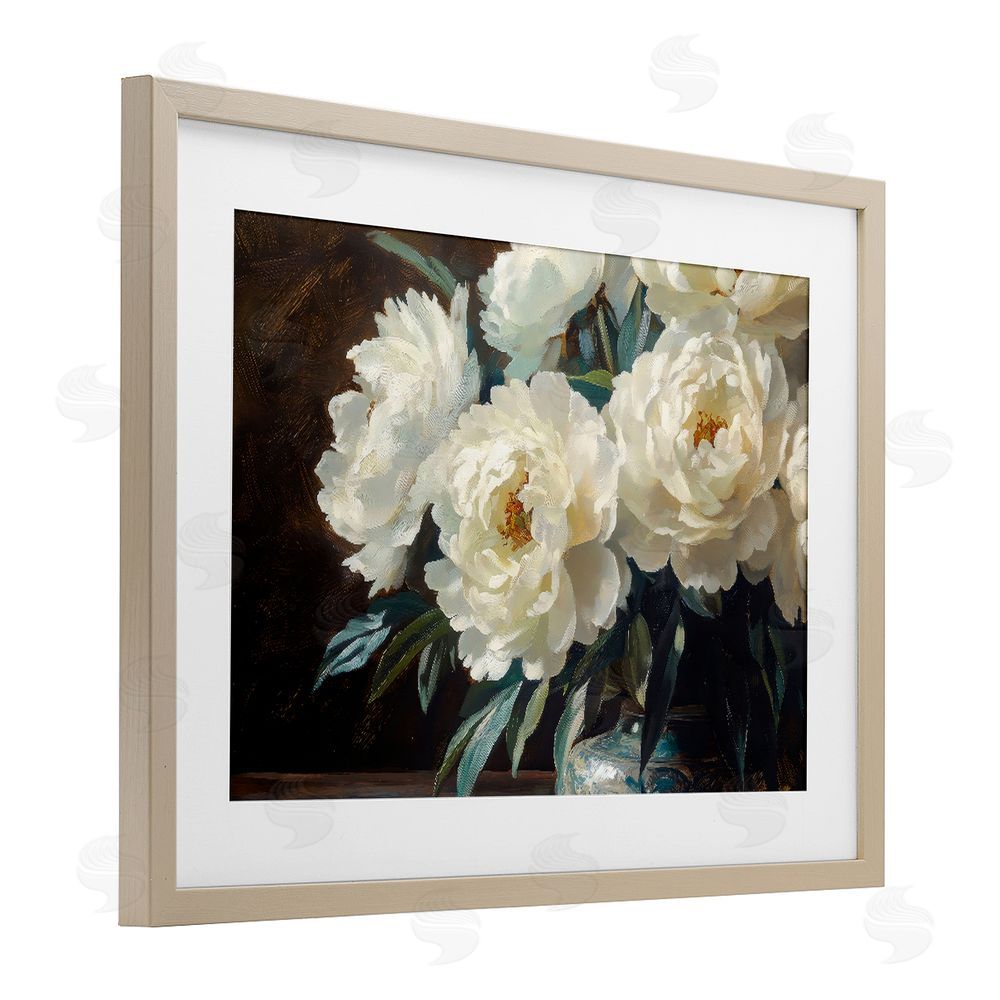 Petal Prints Design Large Moody White Floral Brown Framed Print Under Glass Wall Art