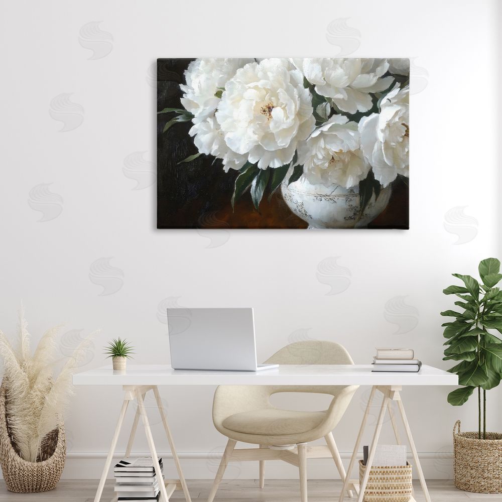 Petal Prints Design White Flowers in Vintage Vase Stretched Canvas on Wall