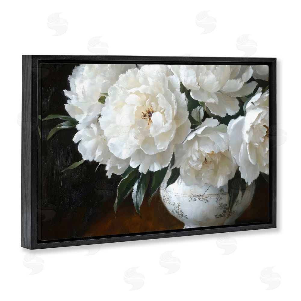 Petal Prints Design White Flowers in Vintage Vase Black Floating Framed Canvas Wall Art Print