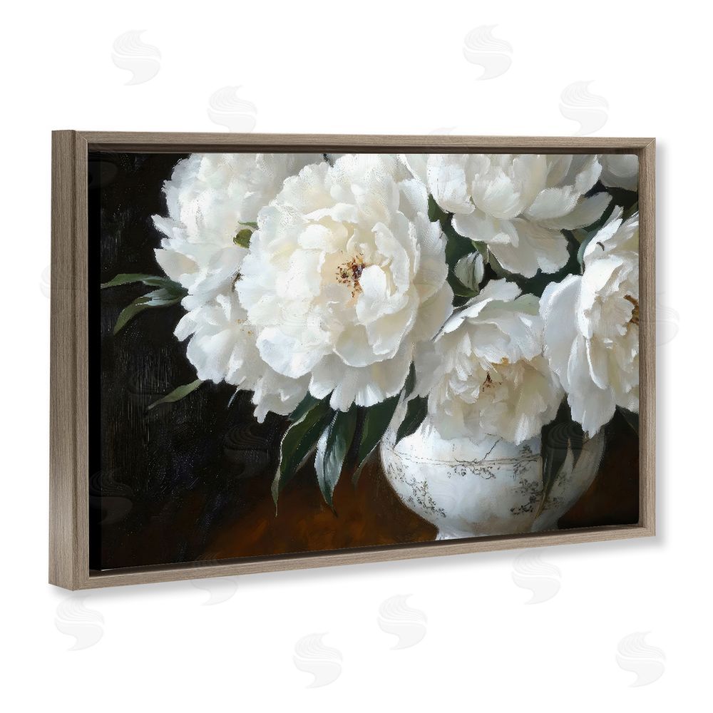 Petal Prints Design White Flowers in Vintage Vase Brown Floating Framed Canvas Wall Art Print