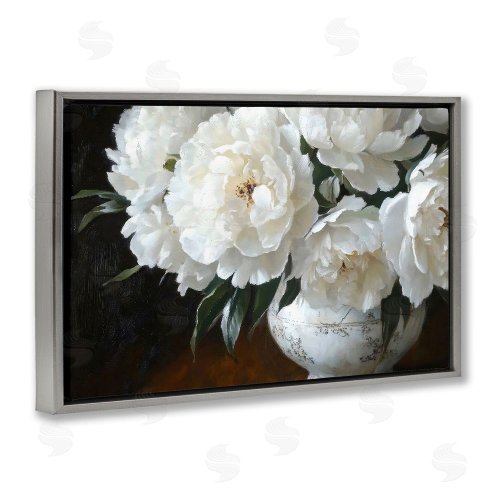 Petal Prints Design White Flowers in Vintage Vase Gray Floating Framed Canvas Wall Art Print