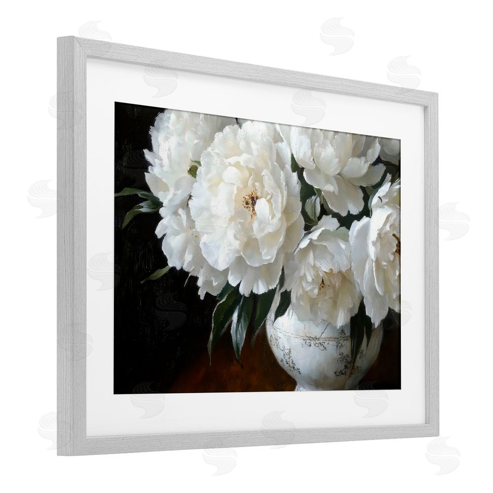 Petal Prints Design White Flowers in Vintage Vase Gray Framed Print Under Glass with White Mat Wall Art