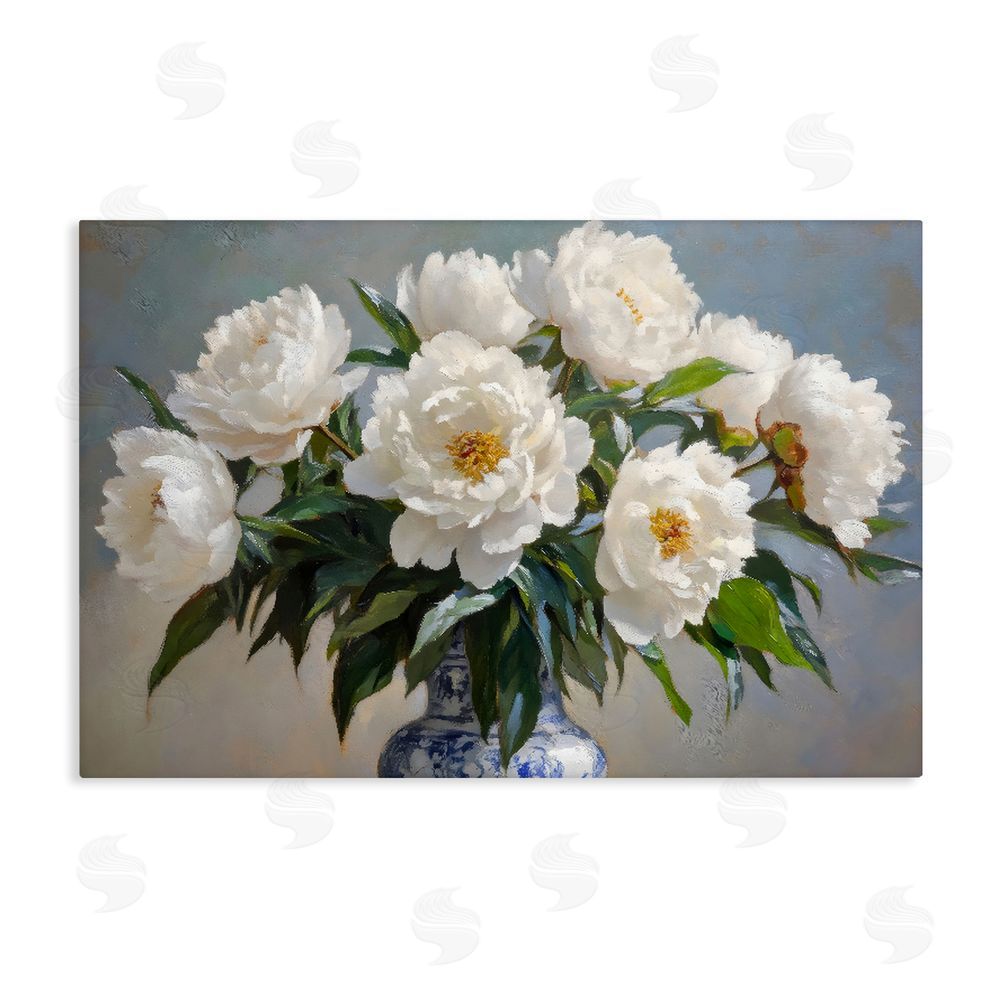 Petal Prints Design In Full Bloom White Peonies Stretched Canvas Wall Art