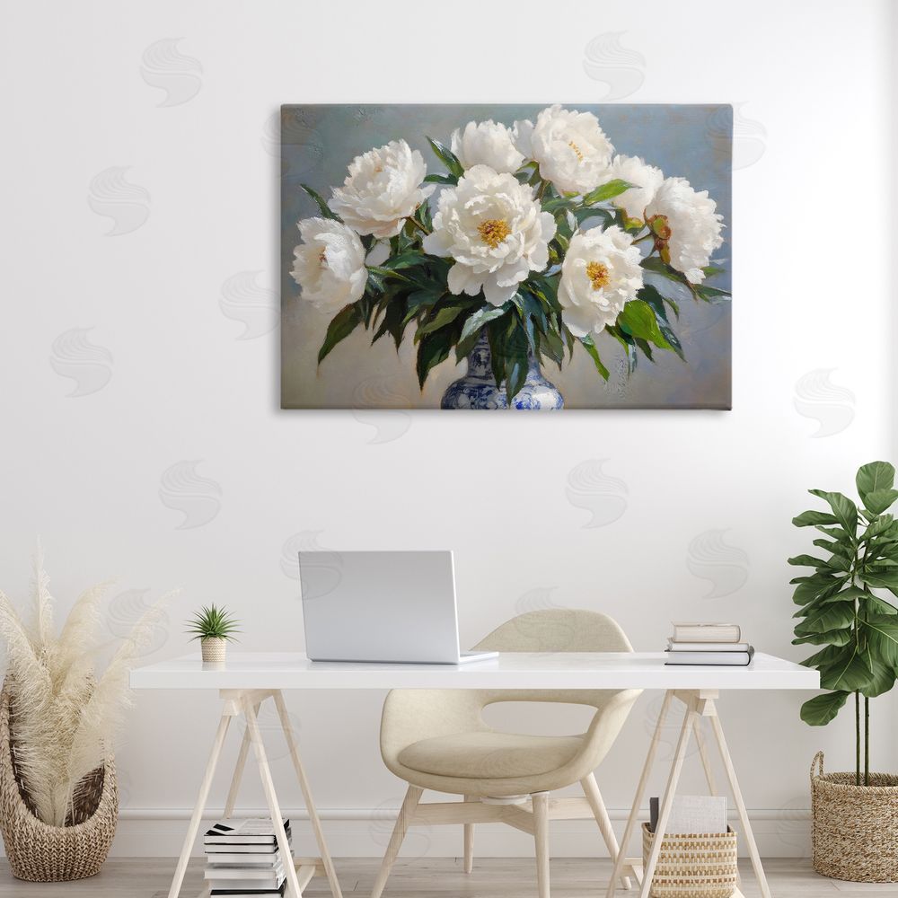 Petal Prints Design In Full Bloom White Peonies Stretched Canvas Wall Art in Room