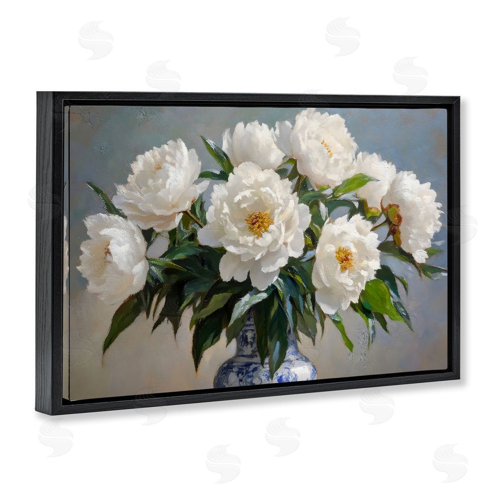 Petal Prints Design In Full Bloom White Peonies Black Floating Framed Canvas Wall Art