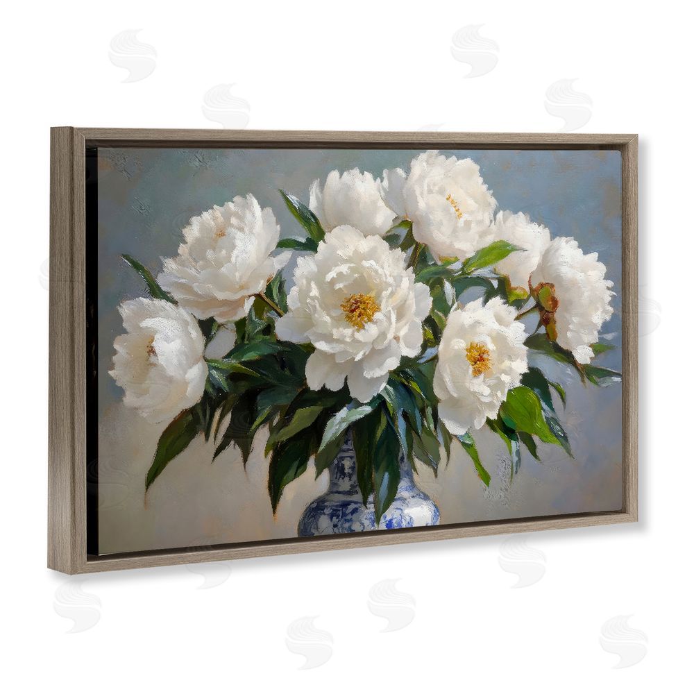 Petal Prints Design In Full Bloom White Peonies Brown Floating Framed Canvas Wall Art
