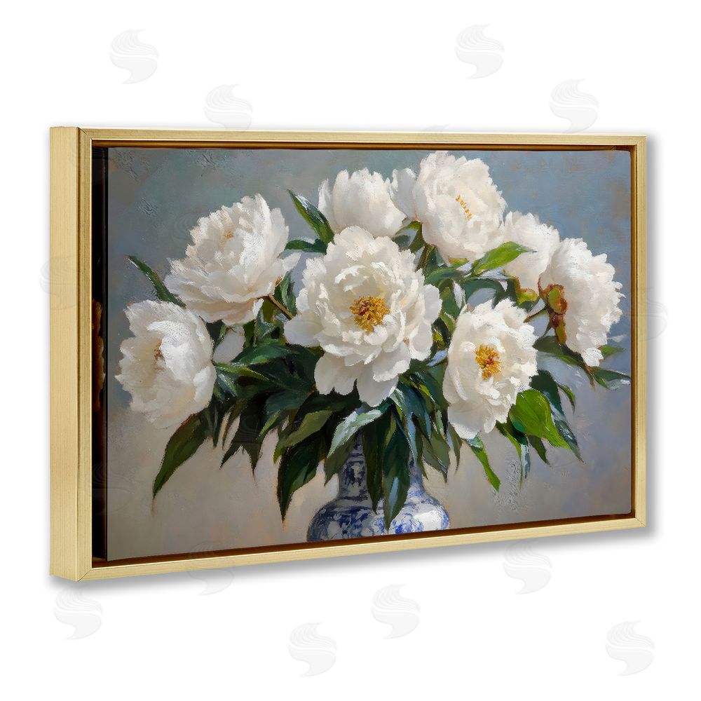 Petal Prints Design In Full Bloom White Peonies Gold Floating Framed Canvas Wall Art