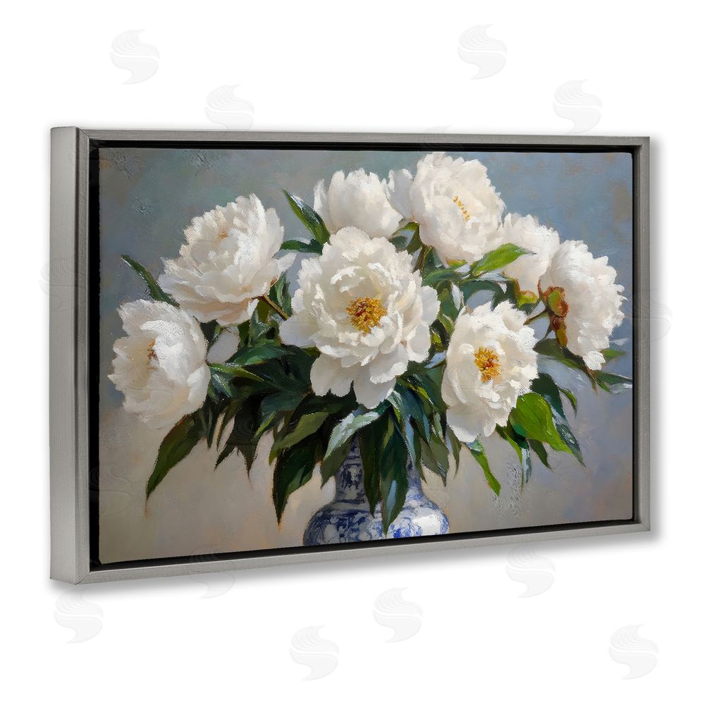Petal Prints Design In Full Bloom White Peonies Gray Floating Framed Canvas Wall Art