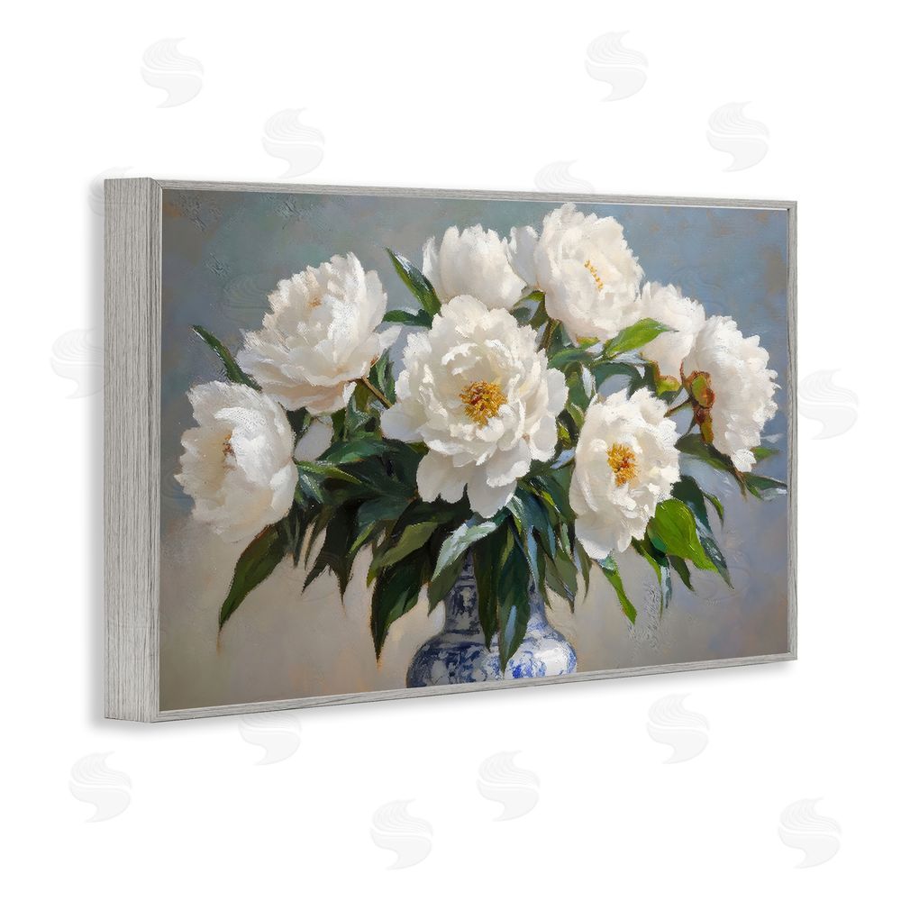 Petal Prints Design In Full Bloom White Peonies Gray Framed Giclee Wall Art