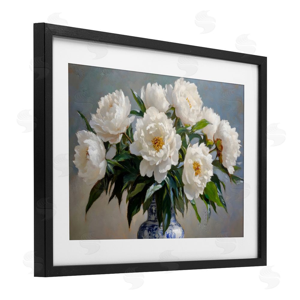 Petal Prints Design In Full Bloom White Peonies Black Framed Print Under Glass Wall Art