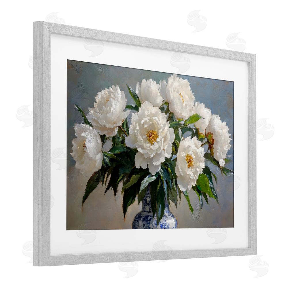 Petal Prints Design In Full Bloom White Peonies Gray Framed Print Under Glass Wall Art