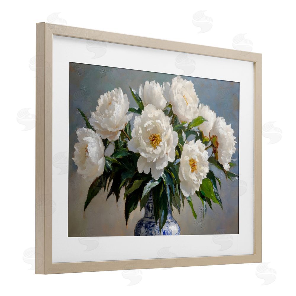 Petal Prints Design In Full Bloom White Peonies Brown Framed Print Under Glass Wall Art
