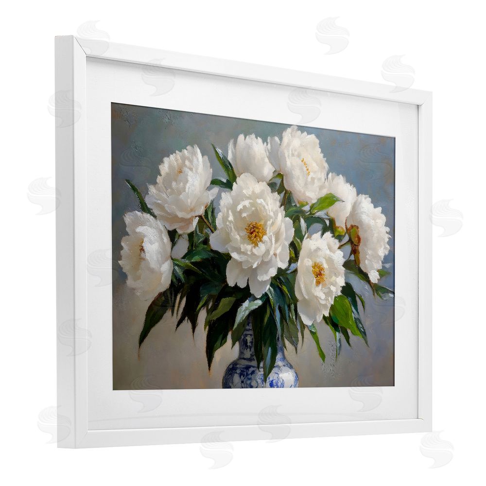 Petal Prints Design In Full Bloom White Peonies White Framed Print Under Glass Wall Art