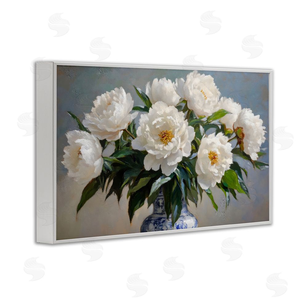 Petal Prints Design In Full Bloom White Peonies White Framed Giclee Wall Art