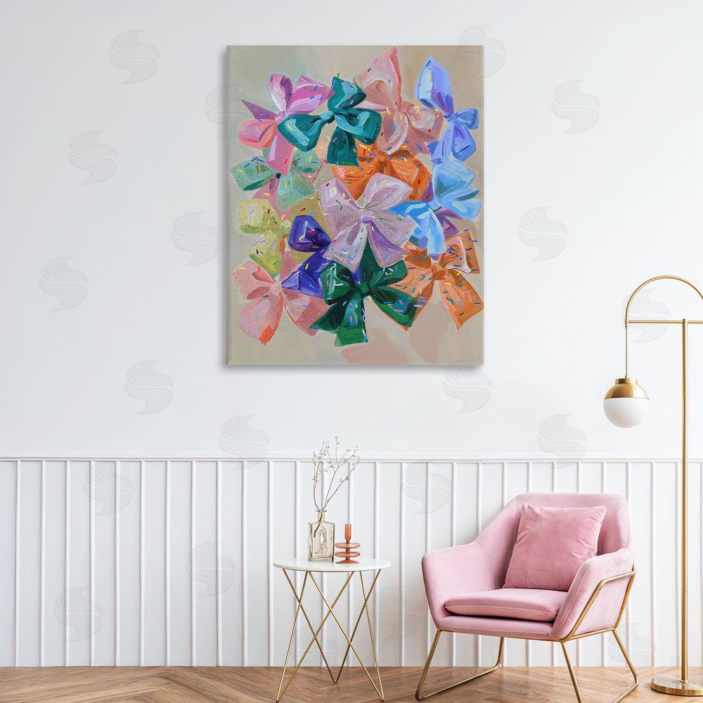 The Prints Vibe Bright Bows Cluster with Sprinkles Stretched Canvas Wall Art Print in Room