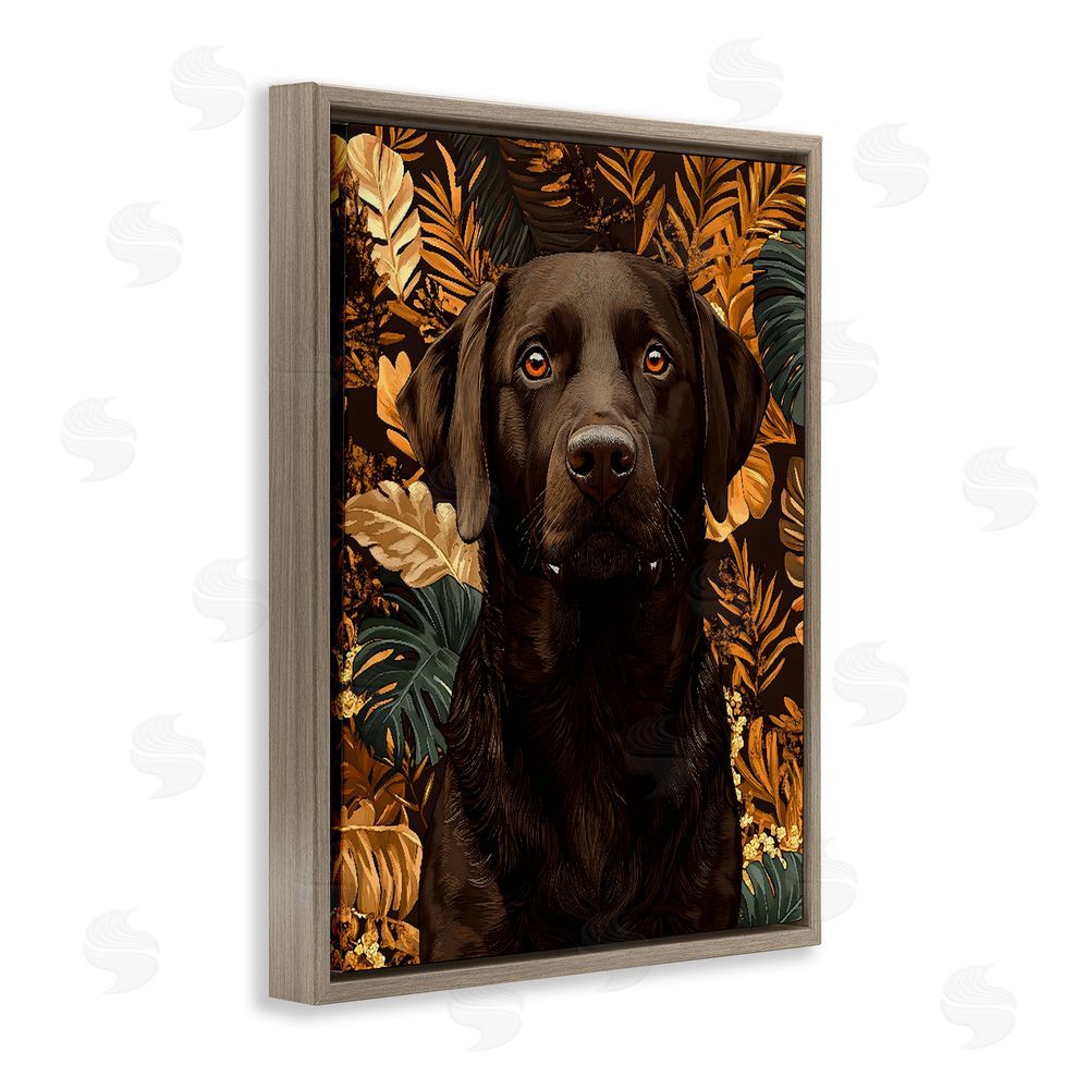 Creative Studio Labrador with Golden Leaves Brown Floating Framed Canvas Wall Art