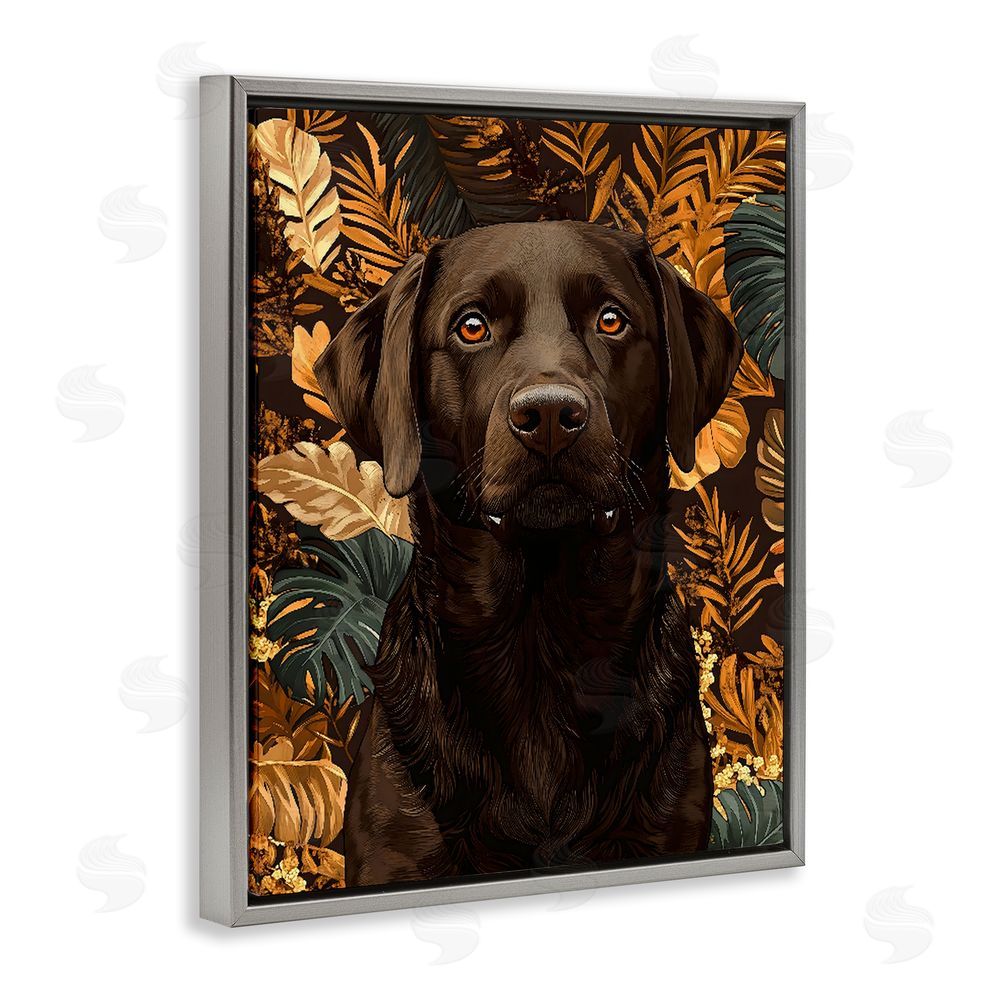 Creative Studio Labrador with Golden Leaves Gray Floating Framed Canvas Wall Art
