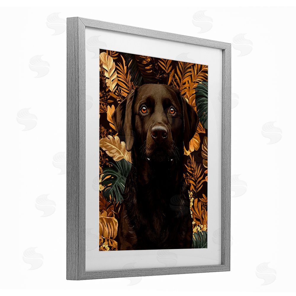 Creative Studio Labrador with Golden Leaves Gray Framed Print Under Glass Wall Art
