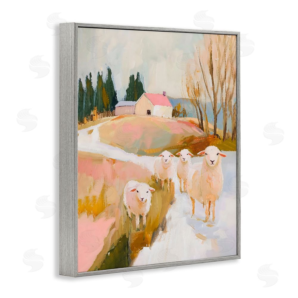 The Prints Vibe Sheep on the Roadside Pasture Gray Framed Giclee Wall Art Print