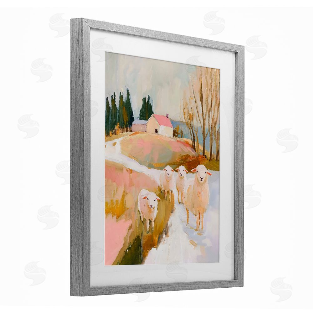 The Prints Vibe Sheep on the Roadside Pasture Gray Framed Print Under Glass with White Mat Wall Art