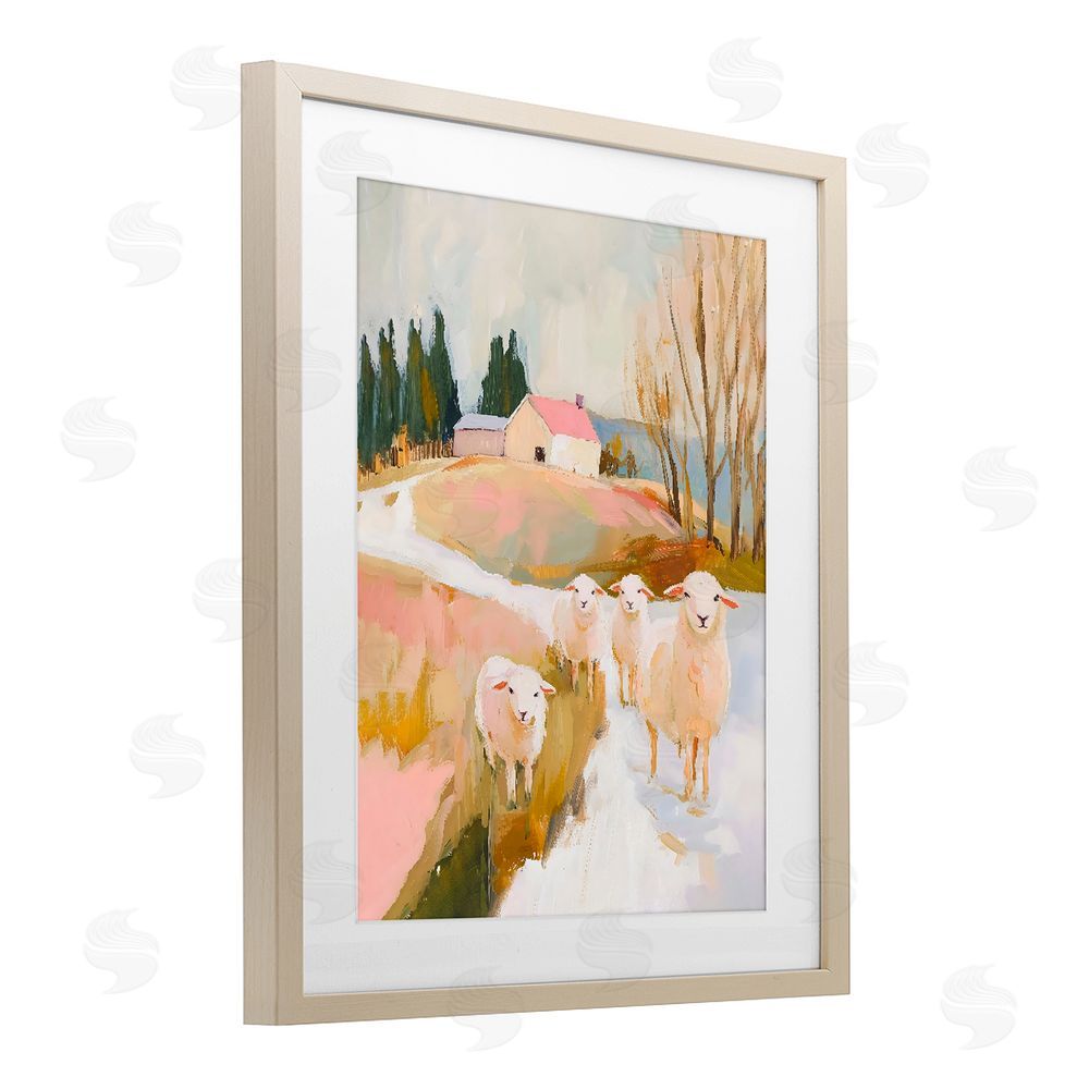 The Prints Vibe Sheep on the Roadside Pasture Brown Framed Print Under Glass with White Mat Wall Art
