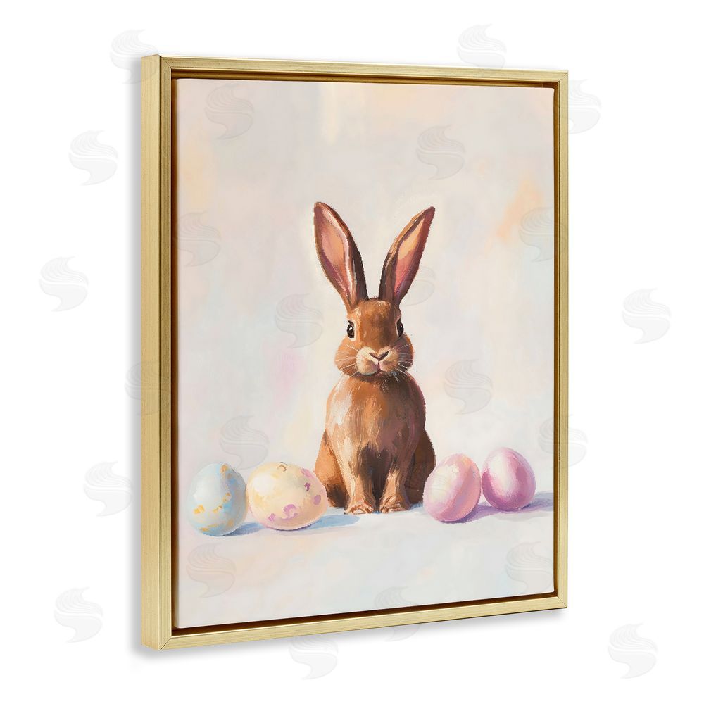 The Prints Vibe Easter Bunny with Pastel Eggs Gold Floating Frame Canvas Wall Art Print