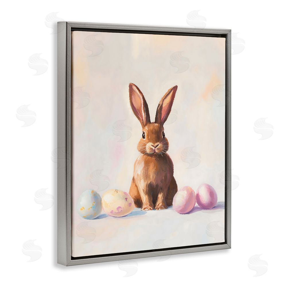 The Prints Vibe Easter Bunny with Pastel Eggs Gray Floating Frame Canvas Wall Art Print