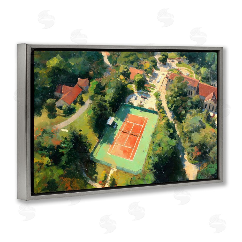 Petal Prints Design Aerial Tennis Court Park Gray Floating Frame Stretched Canvas Wall Art Print