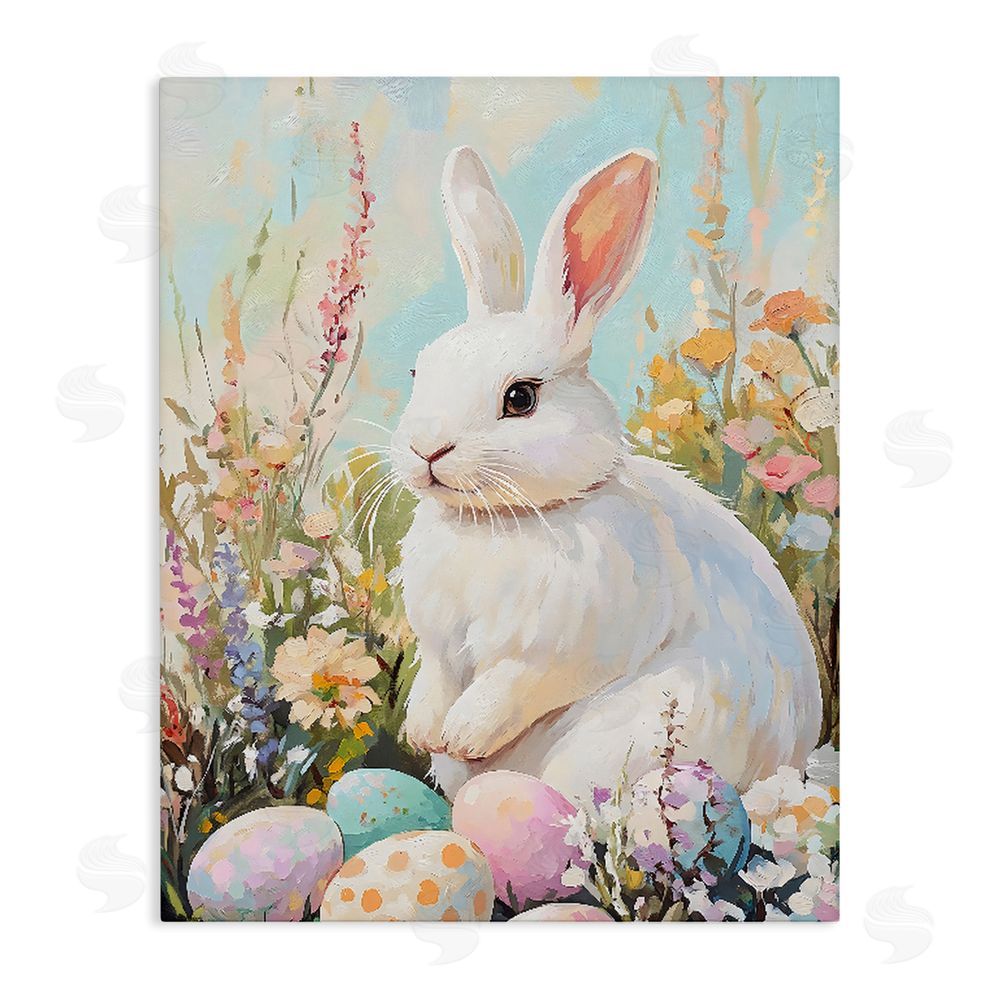The Prints Vibe White Easter Bunny in Wildflowers Stretched Canvas Wall Art Print