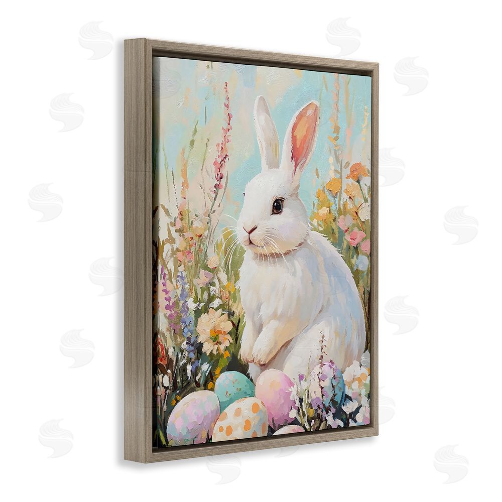 The Prints Vibe White Easter Bunny in Wildflowers Brown Floating Framed Canvas Wall Art Print
