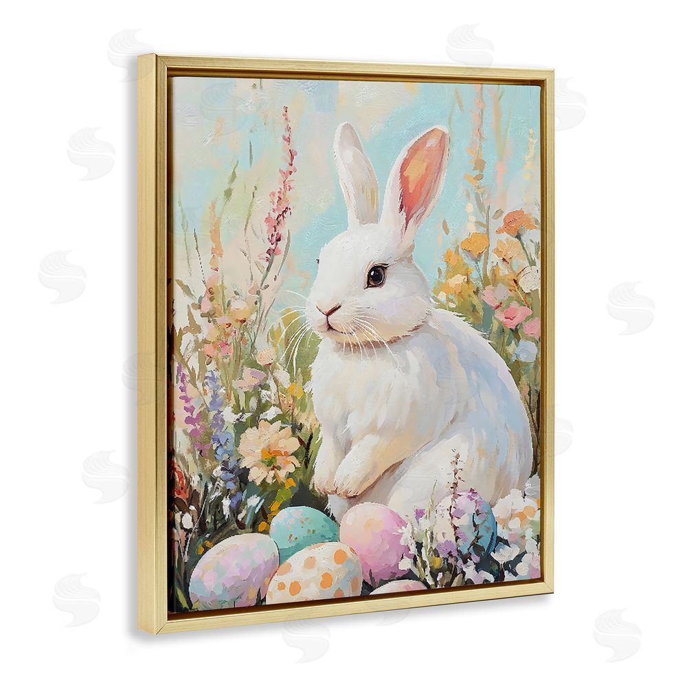 The Prints Vibe White Easter Bunny in Wildflowers Gold Floating Framed Canvas Wall Art Print