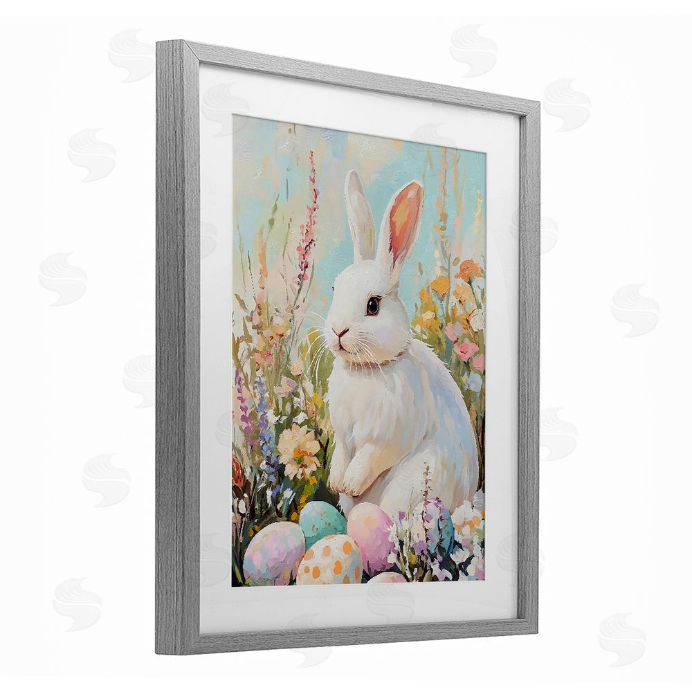 The Prints Vibe White Easter Bunny in Wildflowers Gray Framed Print Under Glass with White Mat Wall Art