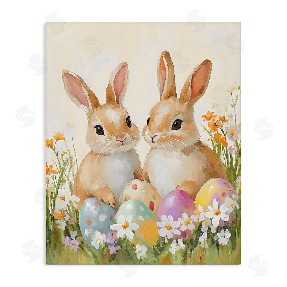 The Prints Vibe Bunnies with Painted Easter Eggs Stretched Canvas Wall Art Print