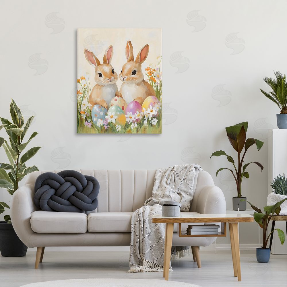The Prints Vibe Bunnies with Painted Easter Eggs Stretched Canvas Wall Art Print in Room