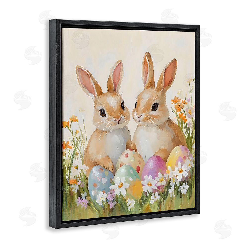 The Prints Vibe Bunnies with Painted Easter Eggs Black Floating Frame Stretched Canvas Wall Art Print