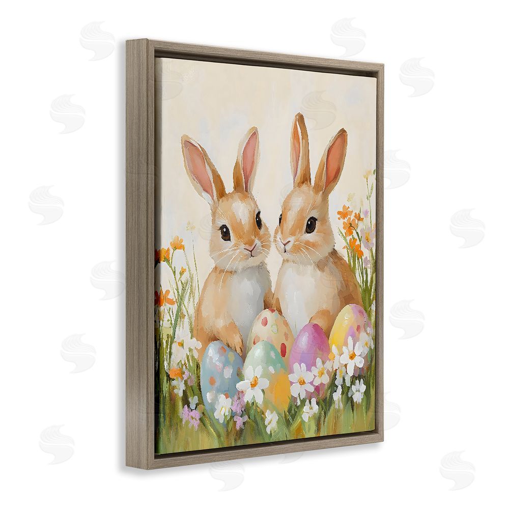 The Prints Vibe Bunnies with Painted Easter Eggs Brown Floating Frame Stretched Canvas Wall Art Print
