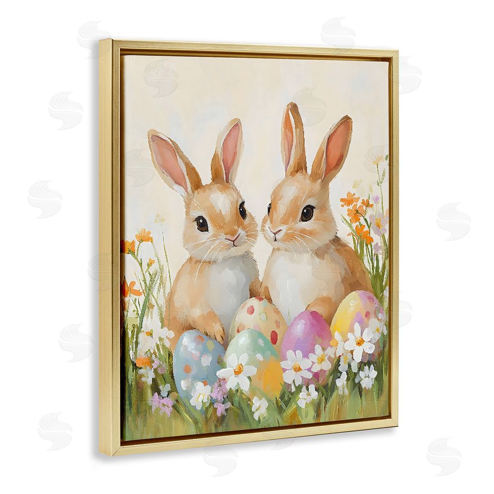The Prints Vibe Bunnies with Painted Easter Eggs Gold Floating Frame Stretched Canvas Wall Art Print