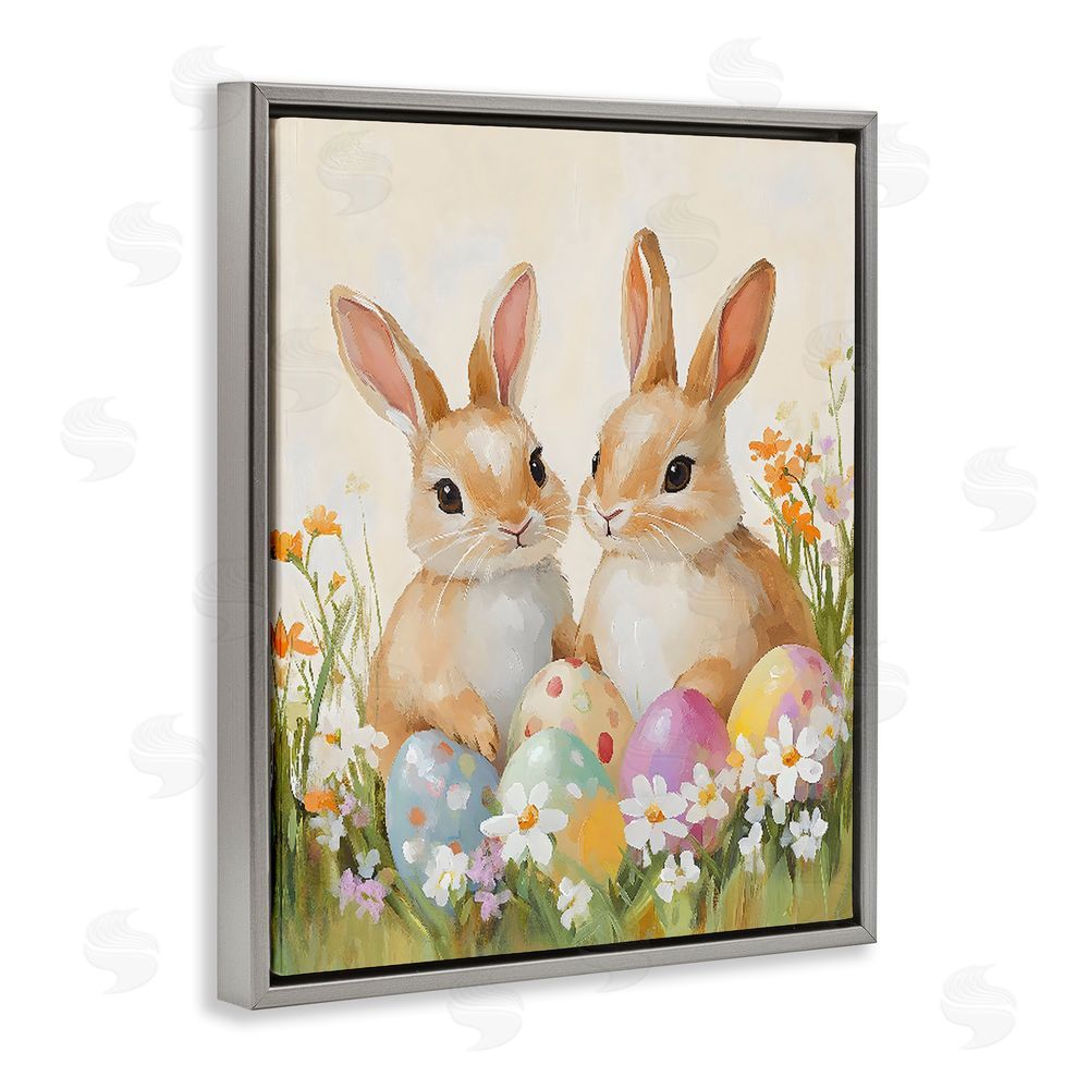 The Prints Vibe Bunnies with Painted Easter Eggs Gray Floating Frame Stretched Canvas Wall Art Print