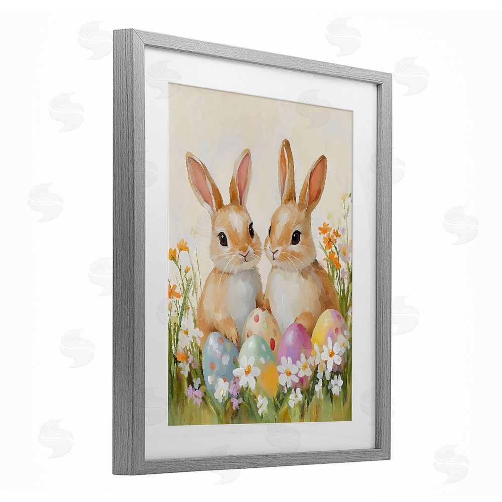 The Prints Vibe Bunnies with Painted Easter Eggs Gray Framed Print Under Glass with Matting Wall Art