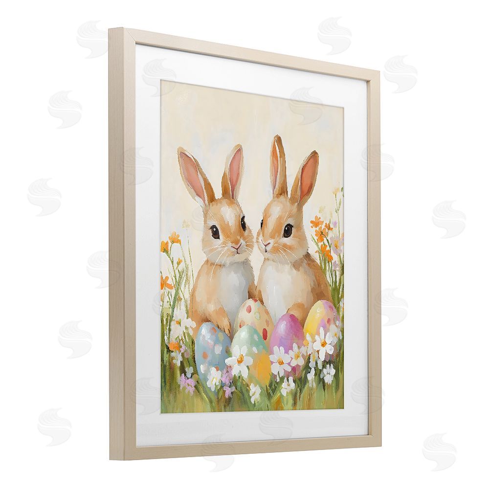 The Prints Vibe Bunnies with Painted Easter Eggs Brown Framed Print Under Glass with Matting Wall Art