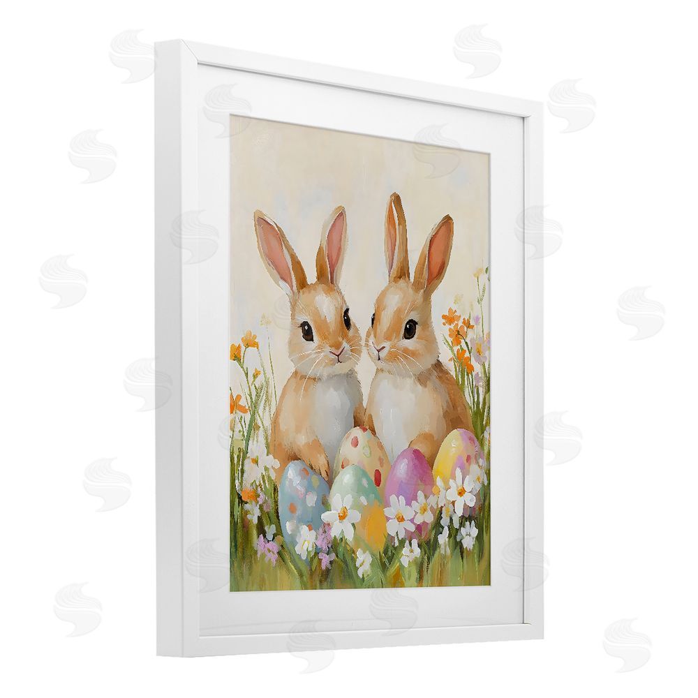 The Prints Vibe Bunnies with Painted Easter Eggs White Framed Print Under Glass with Matting Wall Art