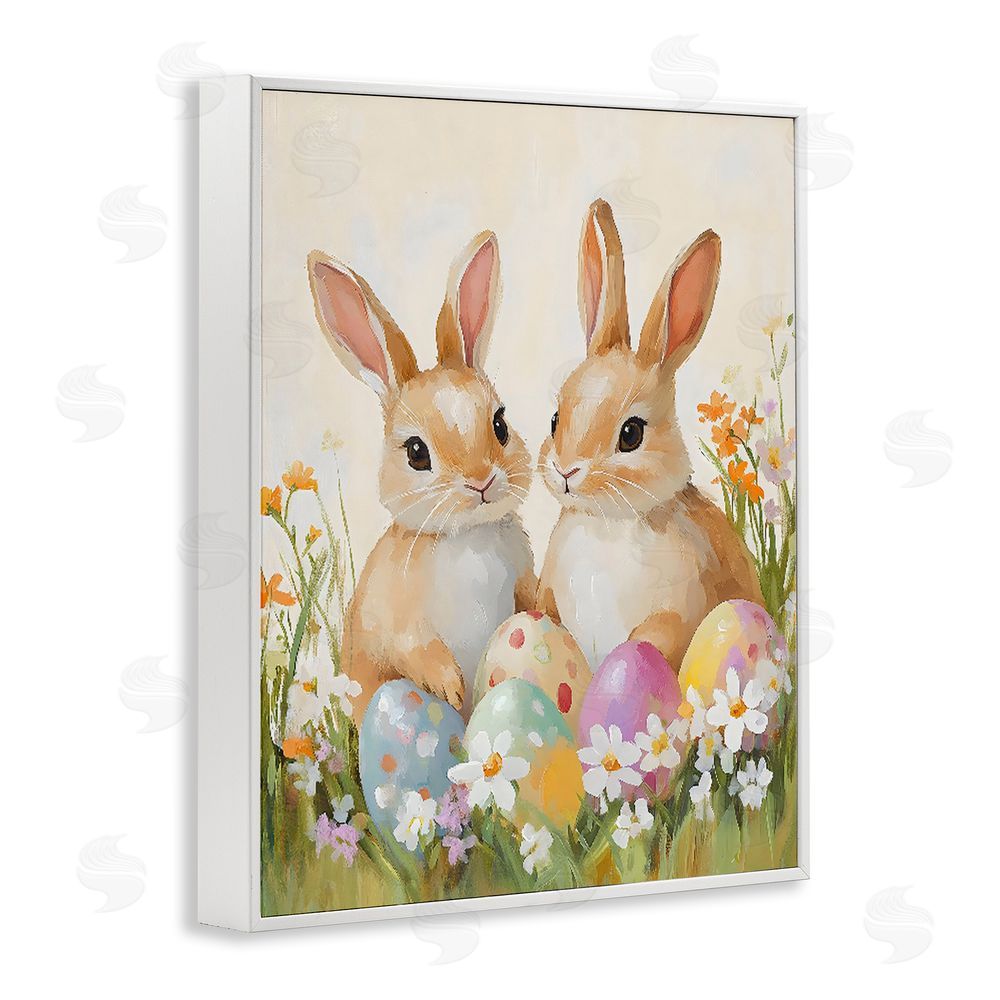 The Prints Vibe Bunnies with Painted Easter Eggs White Framed Giclee Wall Art Print