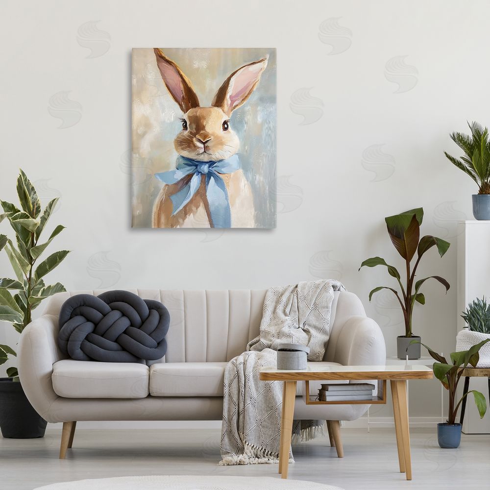 The Prints Vibe Bunny with Blue Bow Stretched Canvas Wall Art Print in Room