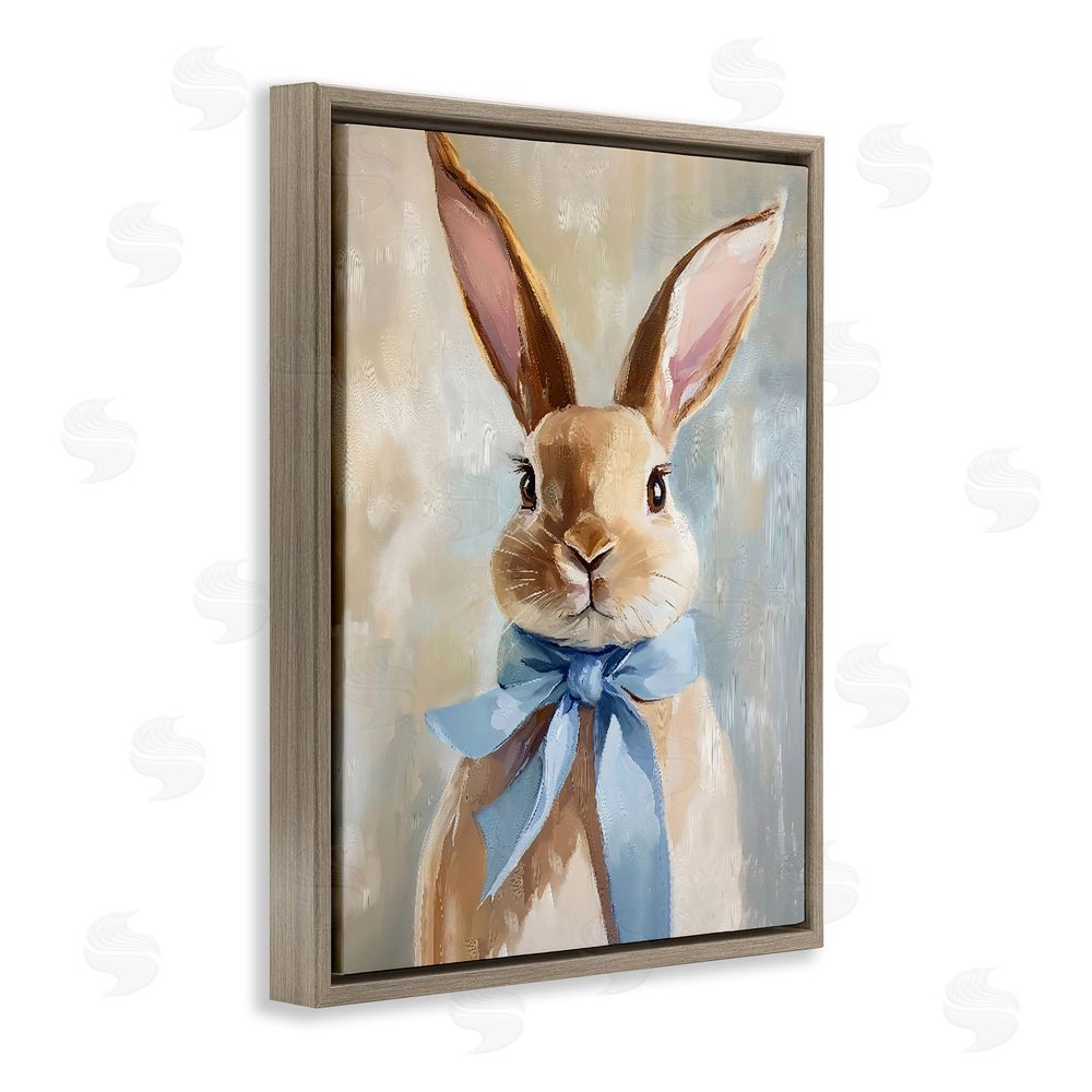 The Prints Vibe Bunny with Blue Bow Brown Floating Frame Stretched Canvas Wall Art Print