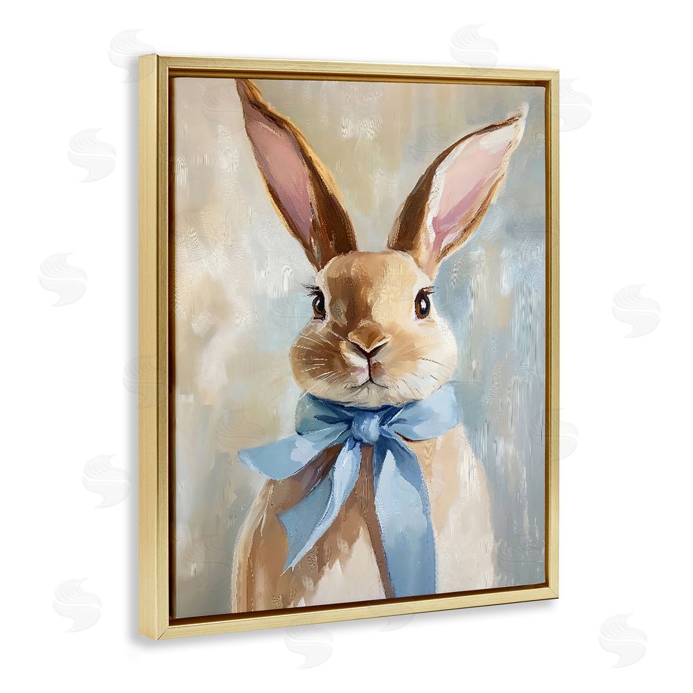 The Prints Vibe Bunny with Blue Bow Gold Floating Frame Stretched Canvas Wall Art Print