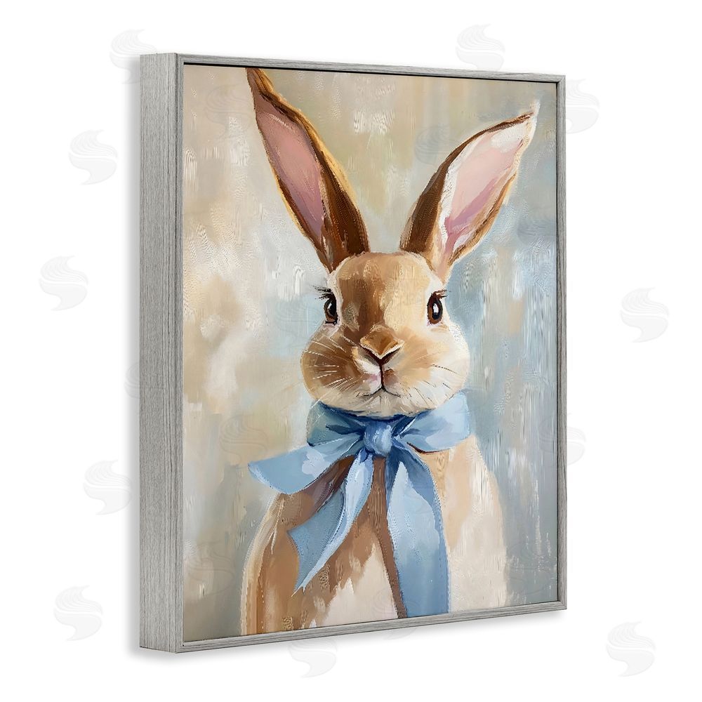 The Prints Vibe Bunny with Blue Bow Gray Framed Giclee Wall Art Print