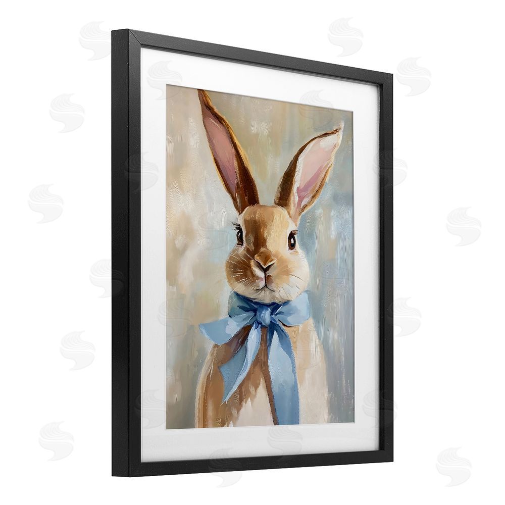 The Prints Vibe Bunny with Blue Bow Black Framed Print Under Glass with Matting Wall Art