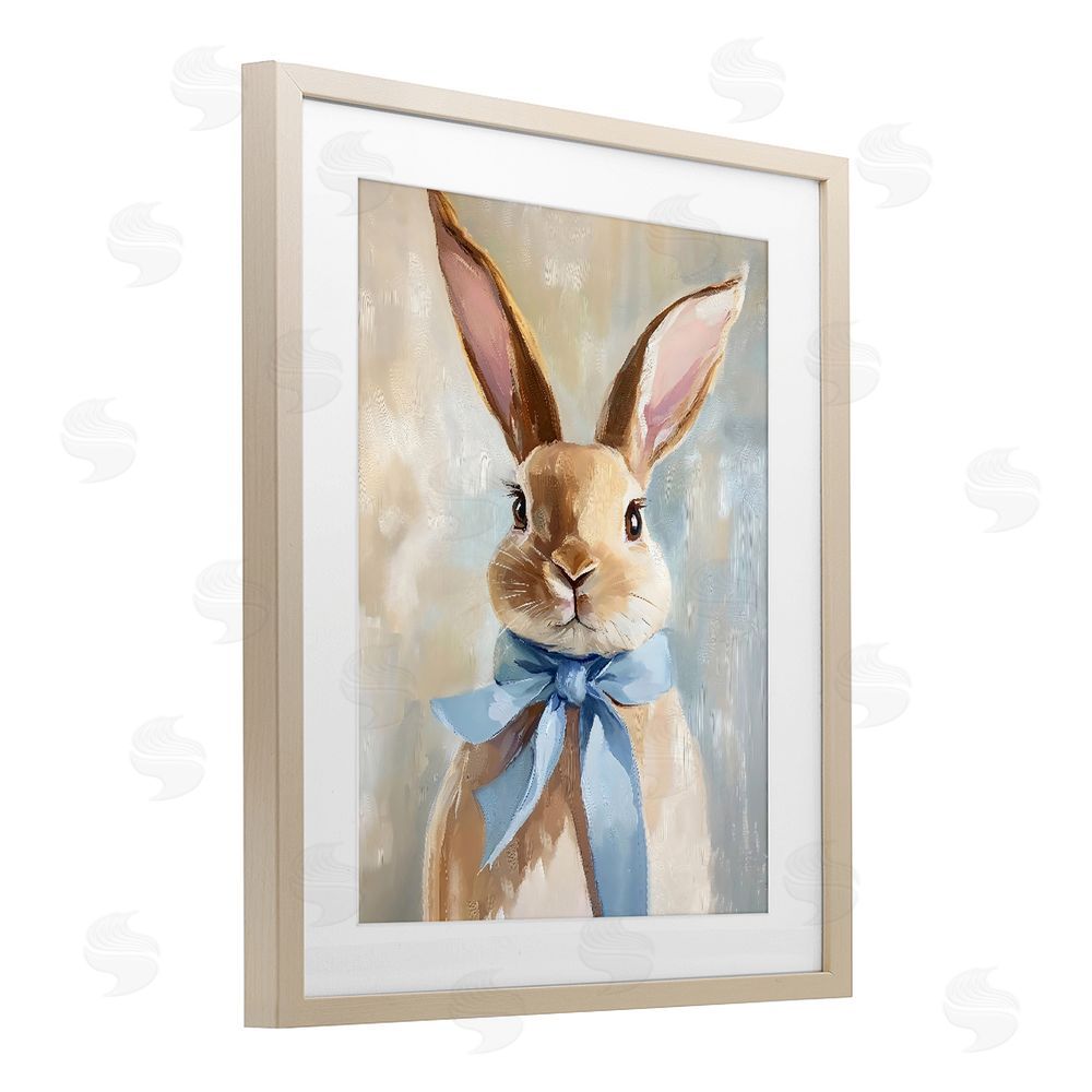 The Prints Vibe Bunny with Blue Bow Brown Framed Print Under Glass with Matting Wall Art