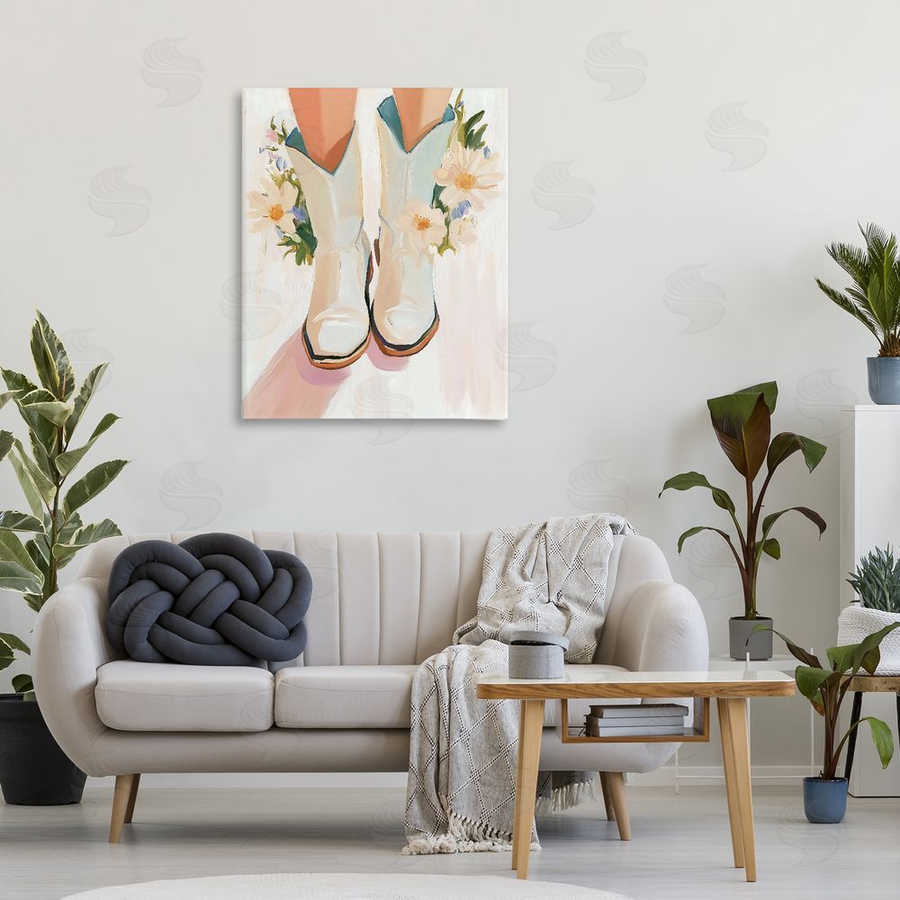 The Prints Vibe Blooming Cowgirl Boots Stretched Canvas Wall Art Print in Room