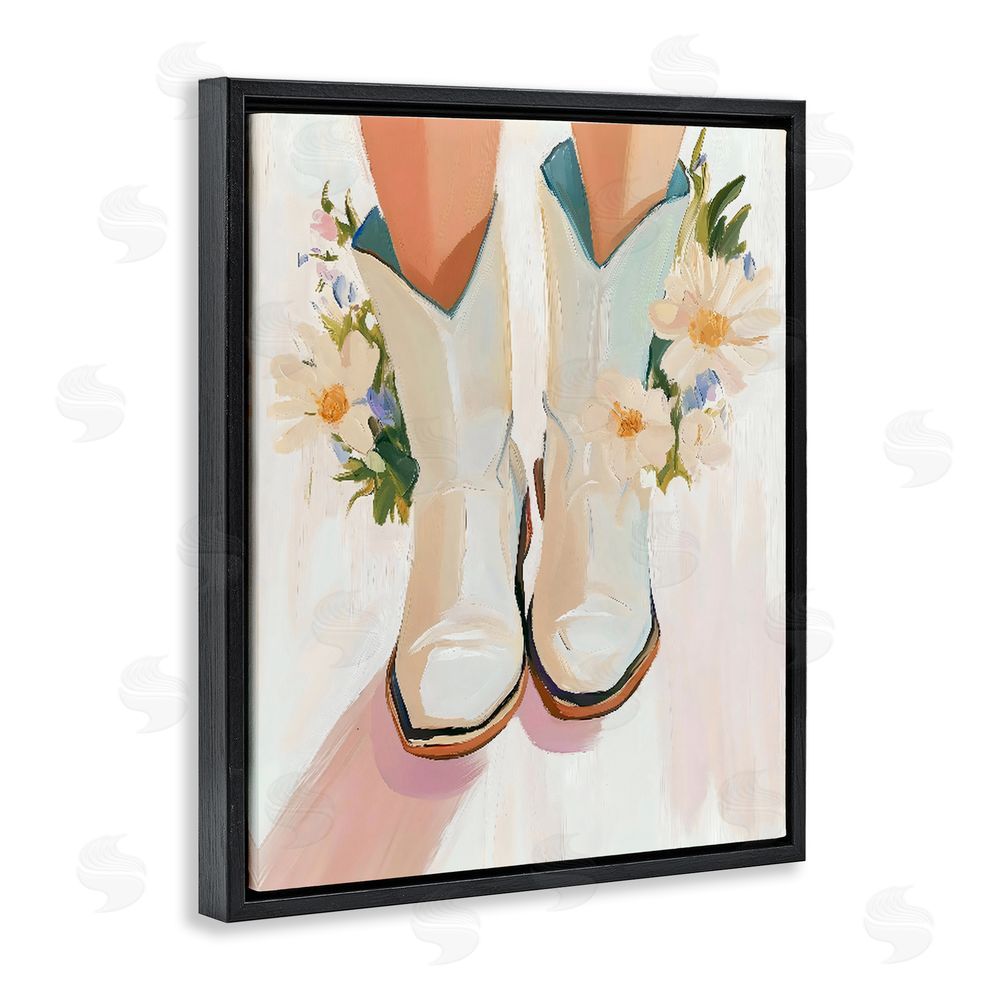 The Prints Vibe Blooming Cowgirl Boots Black Floating Frame Stretched Canvas Wall Art Print